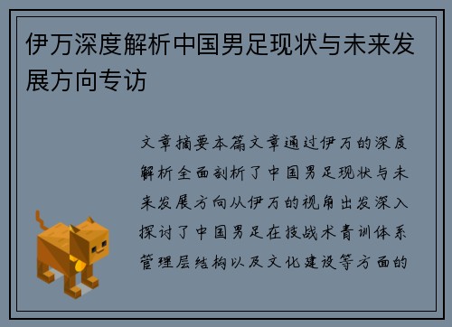 伊万深度解析中国男足现状与未来发展方向专访 伊万深度解析中国男足现状与未来发展方向专访