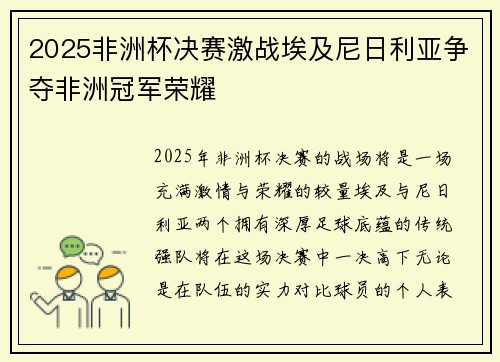 2025非洲杯决赛激战埃及尼日利亚争夺非洲冠军荣耀